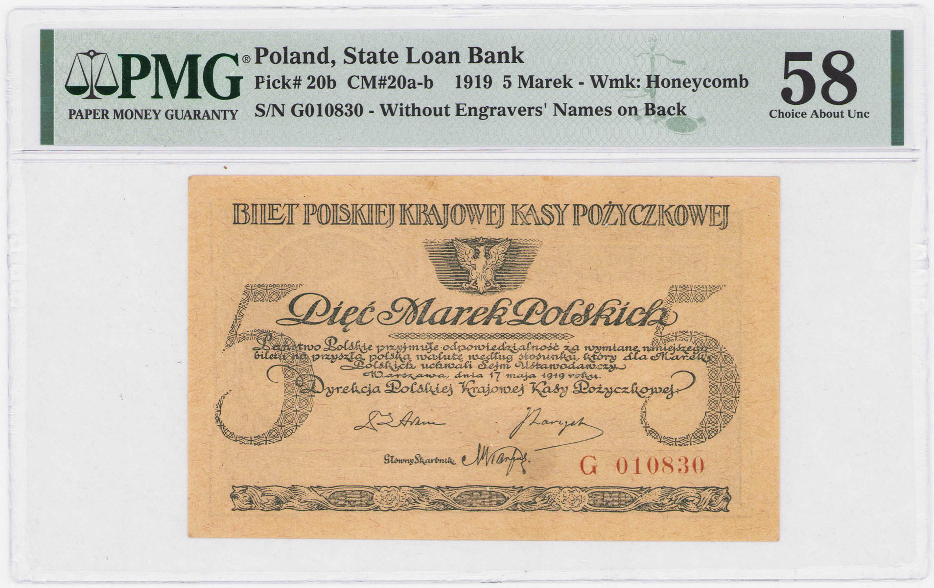 5 marek polskich 1919 seria G, PMG 58 - PIĘKNY